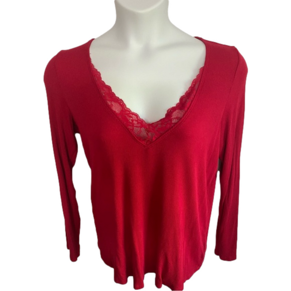 Torrid Red Super Soft Rib V-Neck Lace Long Sleeve Sleep Tee Size M SKU0575 - Picture 5 of 8